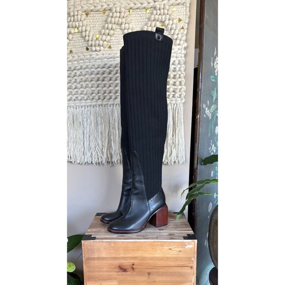 KELSI DAGGER BROOKLYN Black Leather Knit Over The Knee Curved Block Heel Boots - Picture 3 of 16